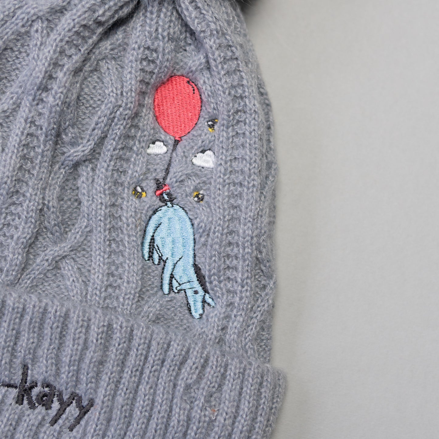 Eeyore Balloon Grey Pom Pom Embroidered Beanie