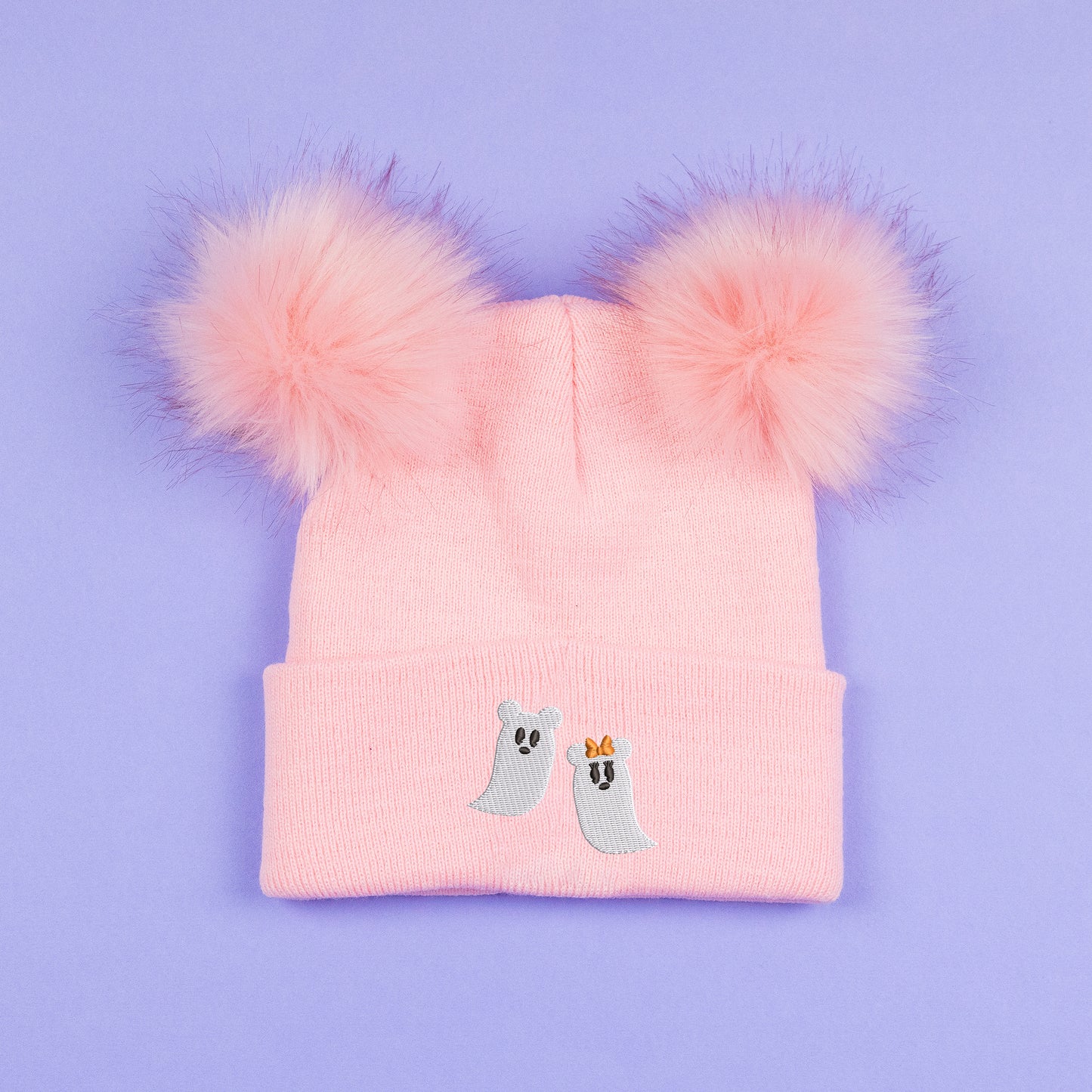 Mickey & Minnie Ghost Pink Pom Pom Embroidered Beanie
