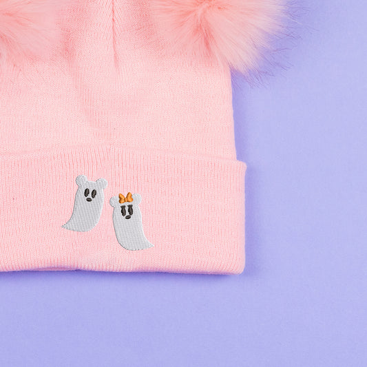 Mickey & Minnie Ghost Pink Pom Pom Embroidered Beanie