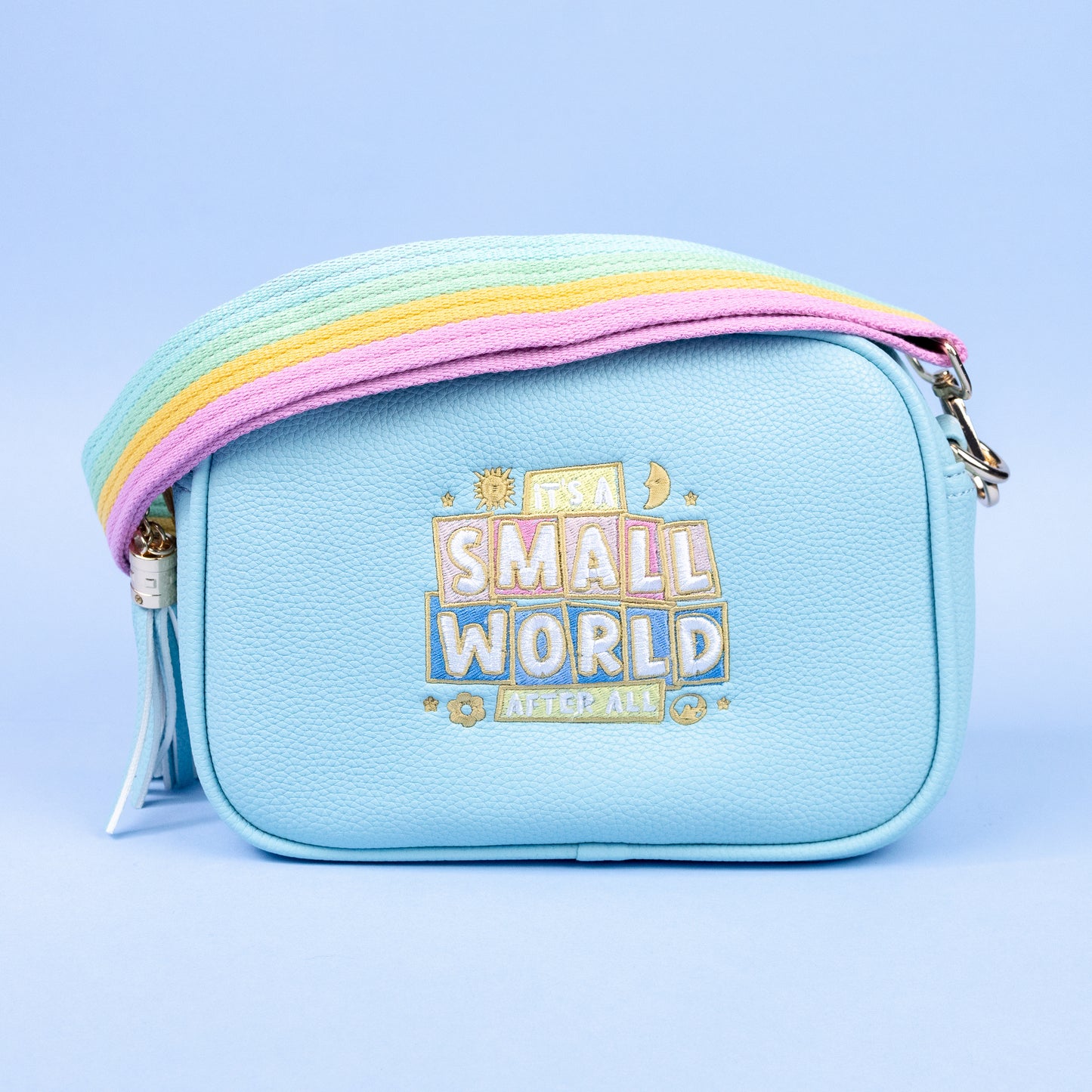 "It's A Small World" Embroidered Blue Cross Body Bag