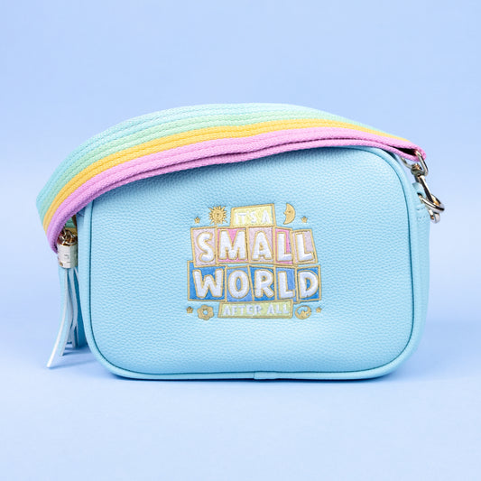 "It's A Small World" Embroidered Blue Cross Body Bag