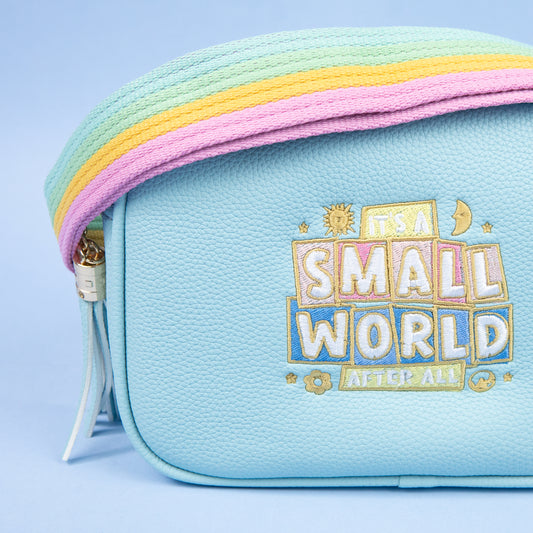 "It's A Small World" Embroidered Blue Cross Body Bag