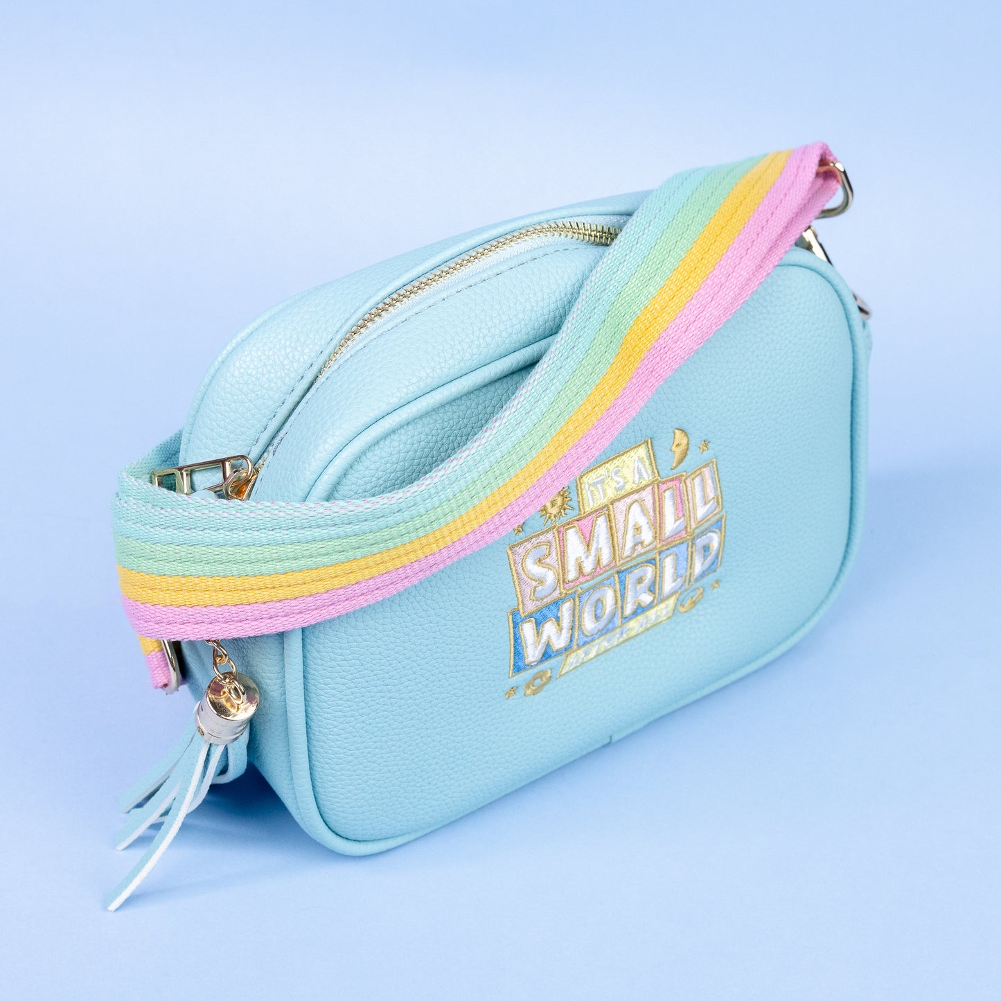 "It's A Small World" Embroidered Blue Cross Body Bag