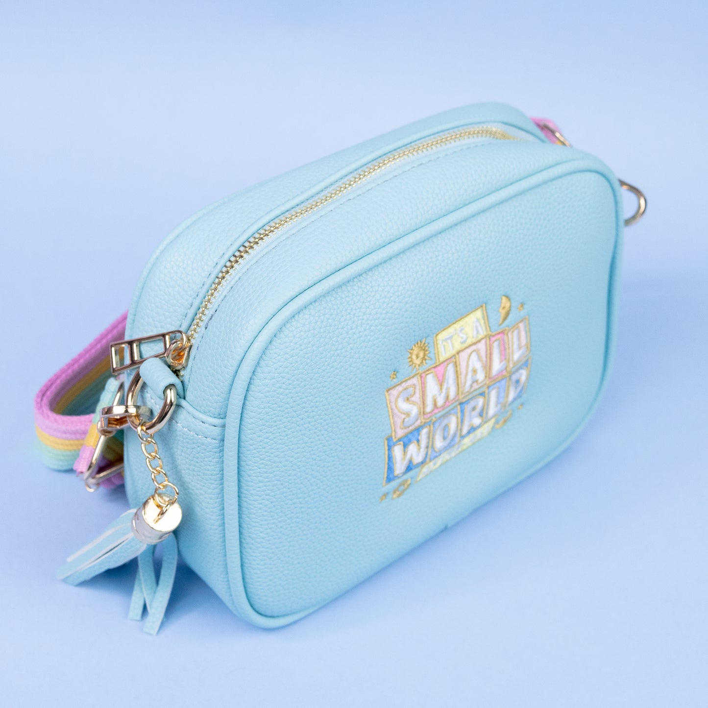 "It's A Small World" Embroidered Blue Cross Body Bag