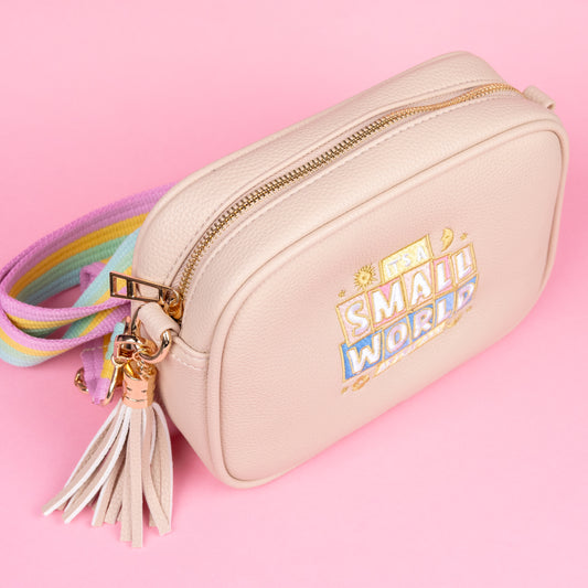 "It's A Small World" Embroidered Pink Cross Body Bag