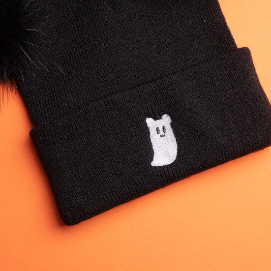 Mickey Ghost Pom Pom Black Beanie