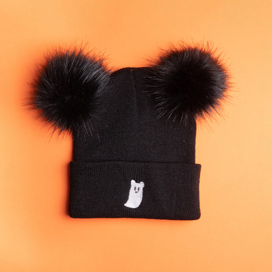 Mickey Ghost Pom Pom Black Beanie