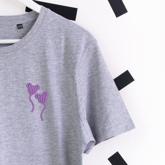 Mickey Balloon Purple Embroidered T-Shirt - Grey