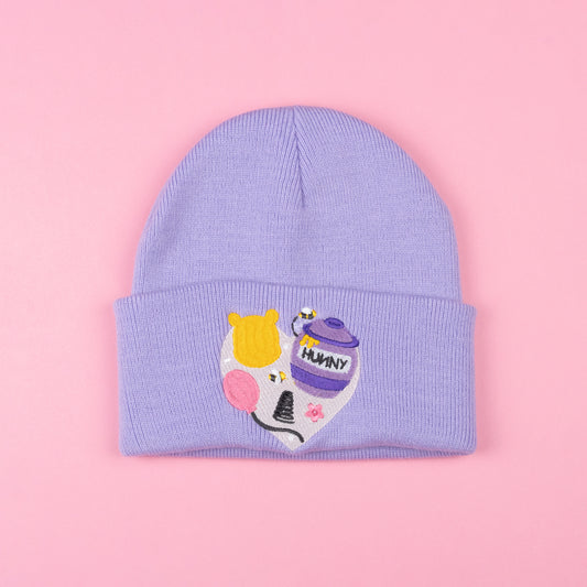 Pooh Bear Heart Embroidered Lavender Beanie