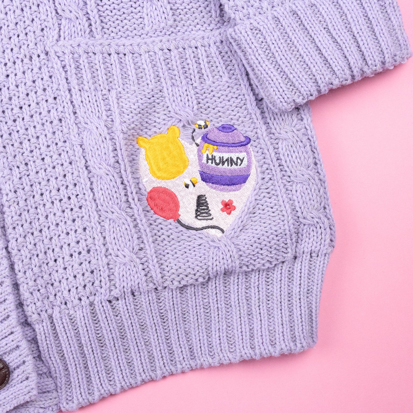 Pooh Bear Heart Embroidered Lilac Cardigan