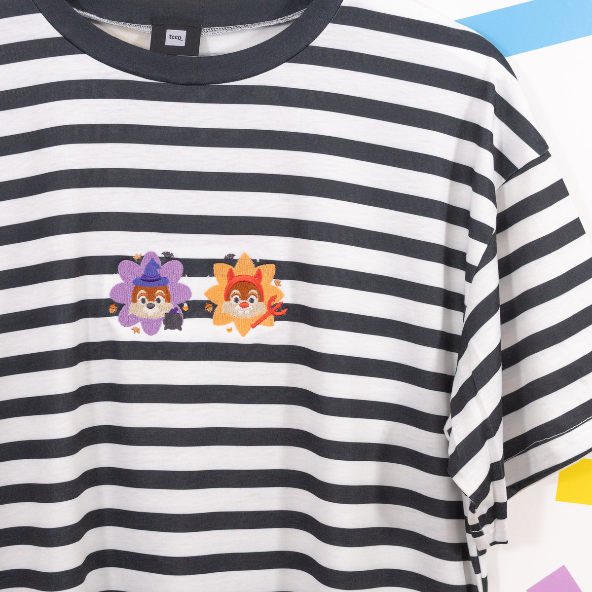 Chip & Dale Halloween Embroidered Black & White Stripe Tee