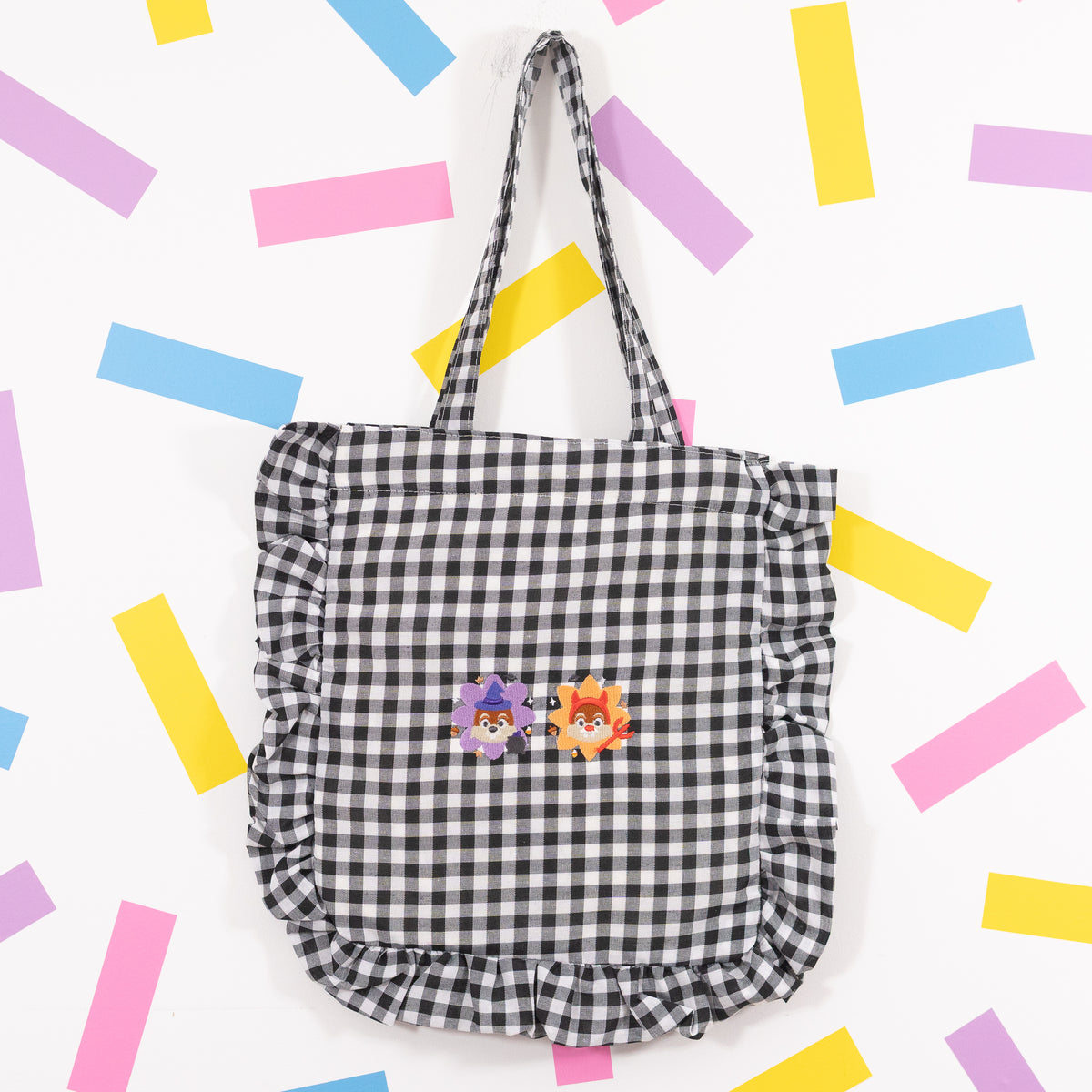 Chip & Dale Halloween Embroidered Frilly Gingham Tote Bag