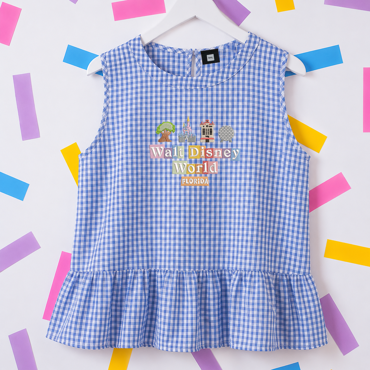 WDW Gingham Embroidered Vest T-Shirt - Blue