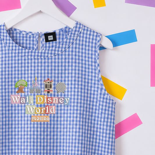 WDW Gingham Embroidered Vest T-Shirt - Blue
