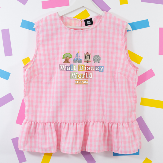 WDW Gingham Embroidered Vest T-Shirt - Pink