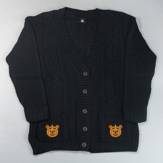 Winnie Pumpkin Embroidered Black Cardigan