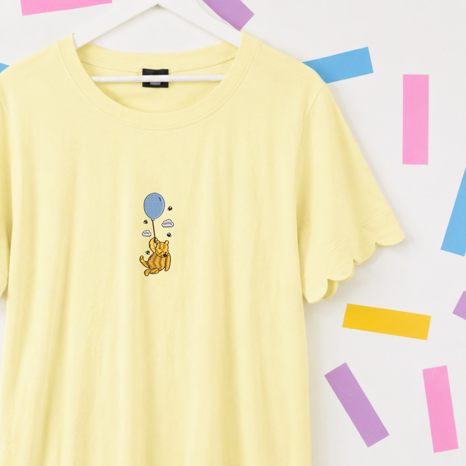 Winnie Balloon Embroidered Yellow Scallop Tee & Shorts Set